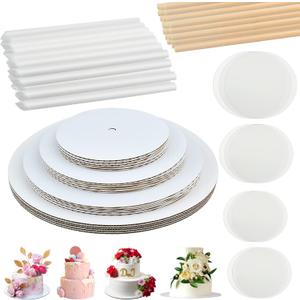230 PCS Cake Boards Tiering Kit, 12 Inch,10 Inch, 8 Inch, 6 Inch Cake Cardboard Rounds, Parchment Paper Rounds, Wooden Dowels and Straw Dowels, Cake Plates for Wedding Birthday Party