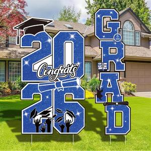 Graduation Yard Sign Class of 2026 Decorations, 4pcs Large Size Blue Black White Congrats Grad 2026 Lawn Yard Sign with Stakes for High School College Indoor Outdoor Graduation Party Decor Supplies