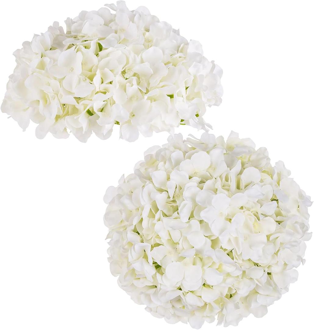 BLOSMON Hydrangea Artificial Flowers Ball: 2 Pcs White Fake Silk Flower Centerpieces Decoration - Faux Hydrangeas Floral Arrangements for Wedding Home Room Table
