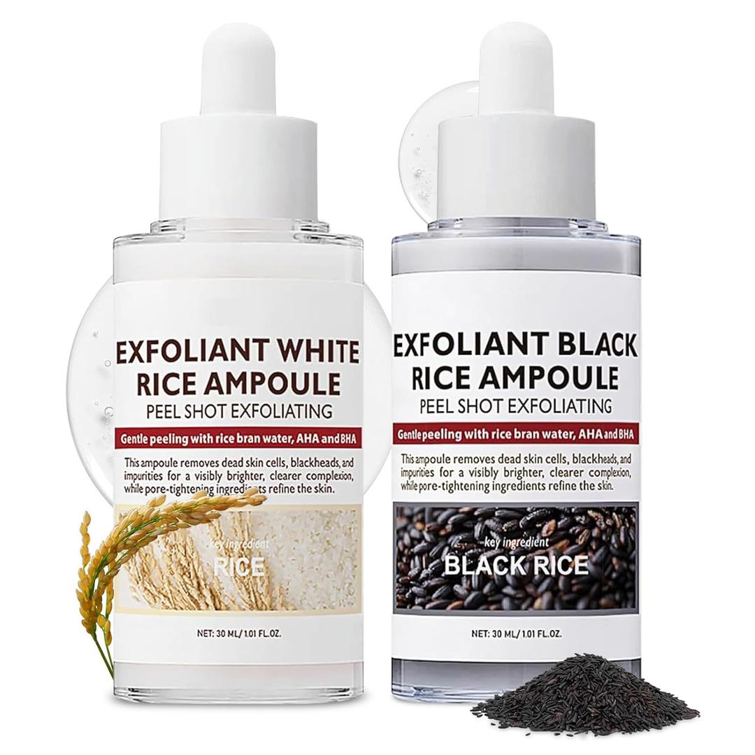 2PCS Rice Exfoliating Ampoule Set  Black & White Rice Brightening Duo for Glowing Skin | Gentle Peel + Pore Minimizing & Deep Hydration