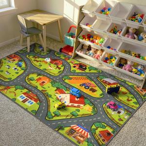 STARUIA Kids Car Rug for Playroom, 60" x 32" Washable Boys Baby Car Carpet for Kids Have Fun Safely, Educational Farm Road Play Rug Race Track Car Rugs Play Mat for Kid Room Bedroom Nursery