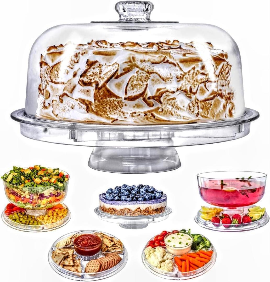 Cake Stand with Dome Cover, 6in1 MultiPurpose Use, Cake Stand with Lid, Serving Platter, Punch Bowl, Desert Platter and More, BPA Free
