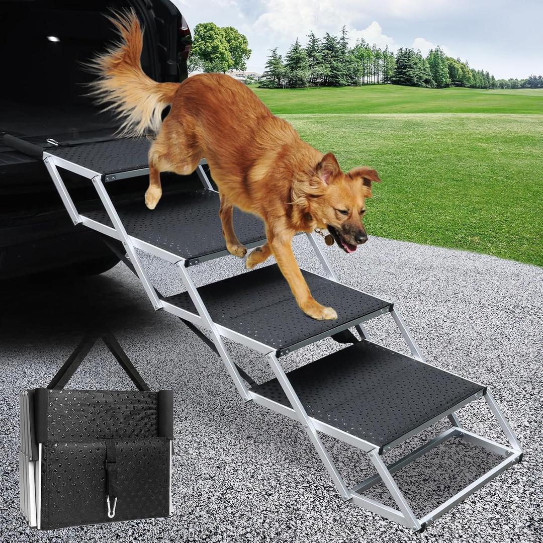 DGSL Dog Ramp for Car, 4-Step Folding Dog Stairs, Aluminum, Black, Supports Up to 250 Lbs
