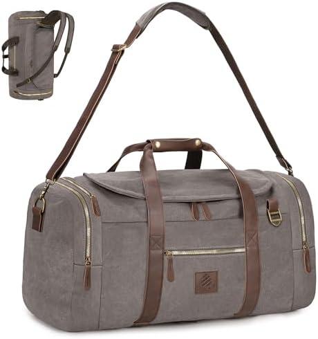Densata Vintage Canvas Duffle Bag, 50L Genuine Leather Travel Duffel Backpack Multifunctional Overnight Weekender Bag with Shoes Compartment Men (Grey)