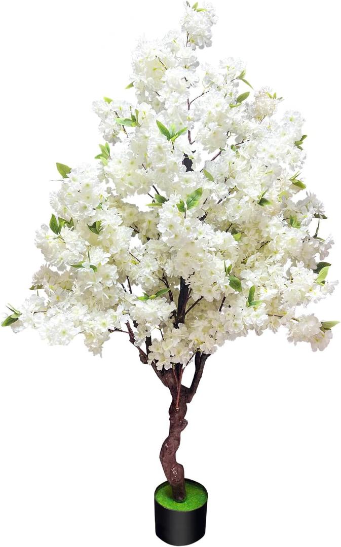 Cherry Blossom Tree 5.3ft, Faux White Cherry Blossom Tree with Green Leaves for Wedding House Office Decor