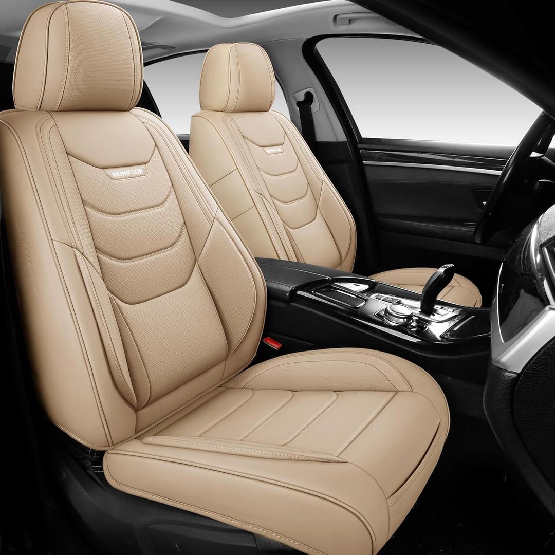 Car Seat Covers Front Seats Only, Universal Luxury Automotive Car Seat Protector 2 Pack, Waterproof Breathable Leather Car Seat Cushion for Most Vehicles SUV Pick-up Truck, Beige