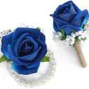 Floroom Royal Blue Rose Wrist Corsage Wristlet Band Bracelet and Men Boutonniere Set for Wedding Flower Accessories Prom Suit Decorations