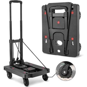Lightweight Folding Hand Truck - 150lb Dolly Cart with Aluminum Adjustable Handle of 3 Levels, Portable Luggage Cart with 2 Elastic Straps for Traveling, Offices, Moving (15.8" x 12.6")