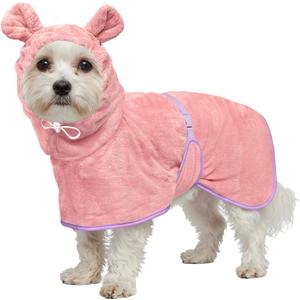 Dog Bathrobe Super Absorbent Towel Robe - Microfiber Bath Towels Fast Drying Coat for Dogs, Cute Dogs Clothes Adjustable Collar & Belly Strap Warm Keeping Hooded Dog Towel (Pink, Medium)