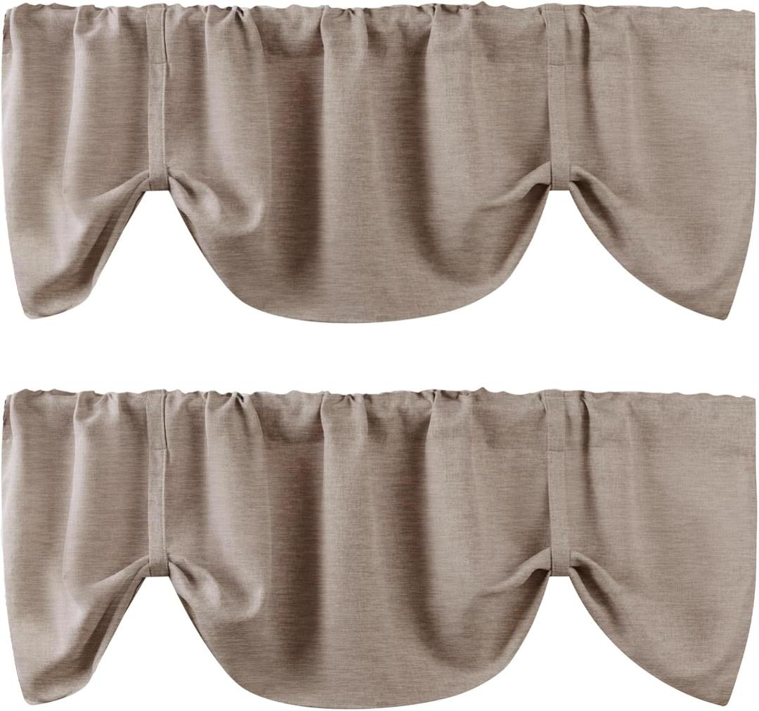 WOSIBO 2 Pack Tie Up Linen Burlap Window Valances Farmhouse Cream Valances for Window Balloon Rod Pocket Valence Window Treatment Decor Curtains for Kitchen/Living Room 16" X 56" (Light Brown)