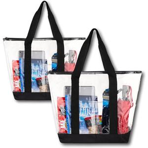 [Pack Of 2] Clear Tote Bags for Work, Beach, Stadium, Security Approved With Zipper Closure, Black, 19" 14" 6"