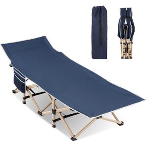 Folding Camping Cot for Sleeping, Portable Cots for Adults, Heavy Duty Cot Bed 550LBS(Max Load), Extra Wider Cots with Large Pocket for Outdoor, Office, Beach (Blue)