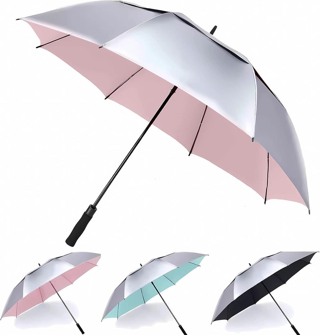 MRTLLOA Extra Large Golf Umbrella, 54/62/68/72 Inch Automatic Open, Oversize Double Canopy Vented Windproof Waterproof Sports Umbrellas for Rain (Silver/Pink)