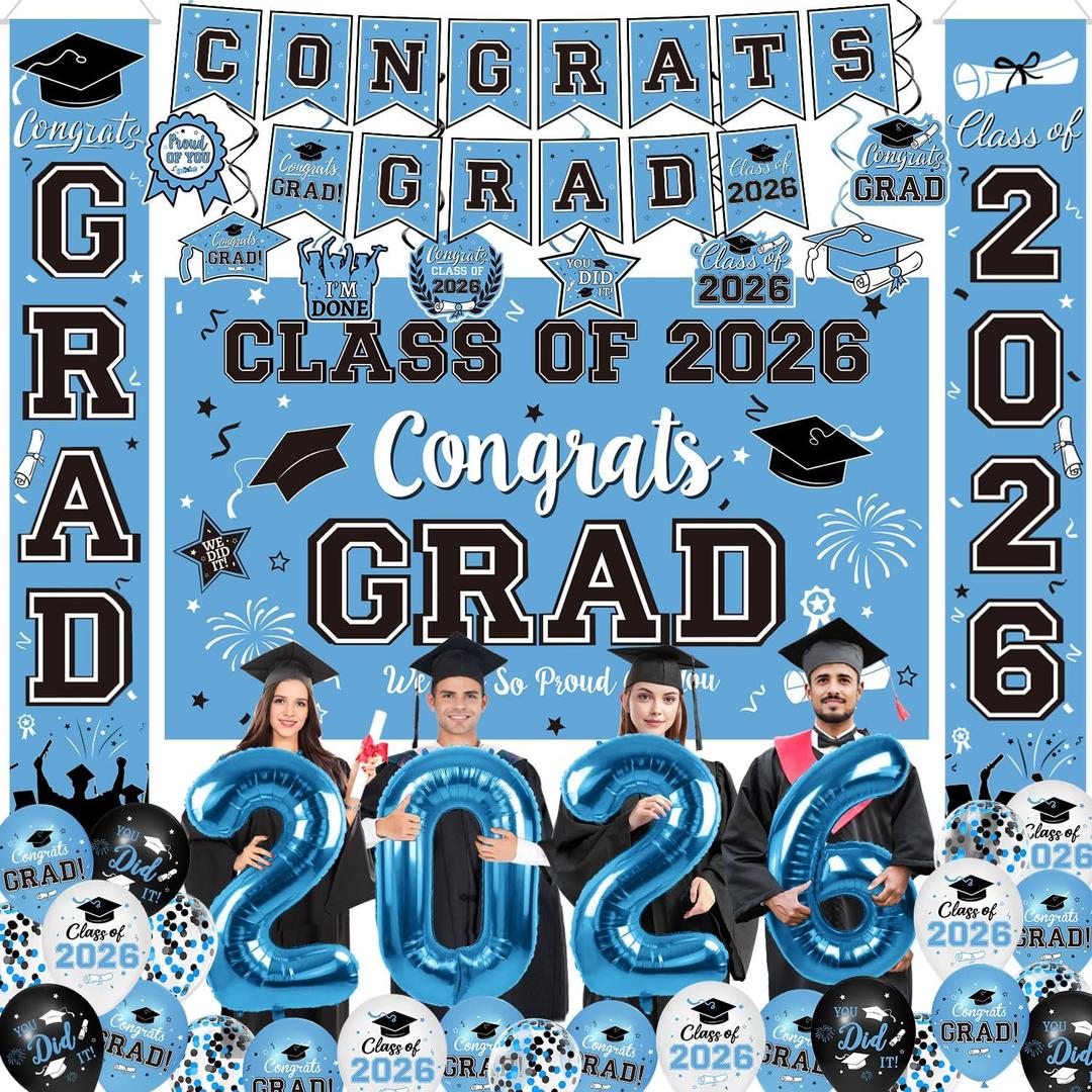 Graduation Decorations Class of 2026 Set - Sky Blue Themed Congrats Grad Banner & Backdrop, Hanging Swirls, Porch Sign, Balloons, Foil Number 2026 for High School & College Celebrations