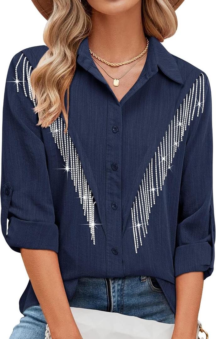 MYMORE Womens Rhinestone Fringe Button Down Shirt Rolled 3/4 Sleeve Sparkly Top Concert Nashville Western Cowgirl Outfit (XX-Large, E_navy Blue)