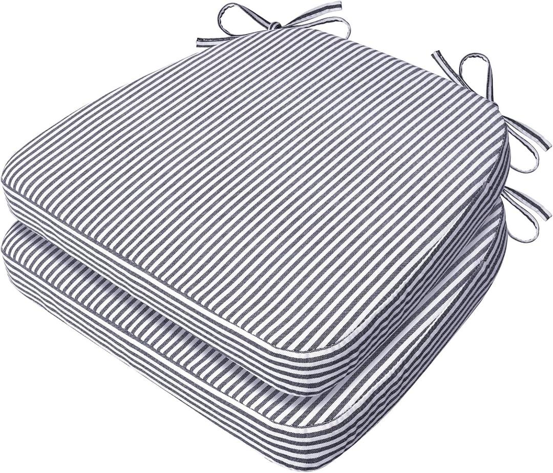 AAAAAcessories D-Shaped Chair Cushions, 2" Thick Dining Chair Pads with Ties and Removable, Machine-Washable Cover, 17" x 16", Set of 2, Pinstripe Black