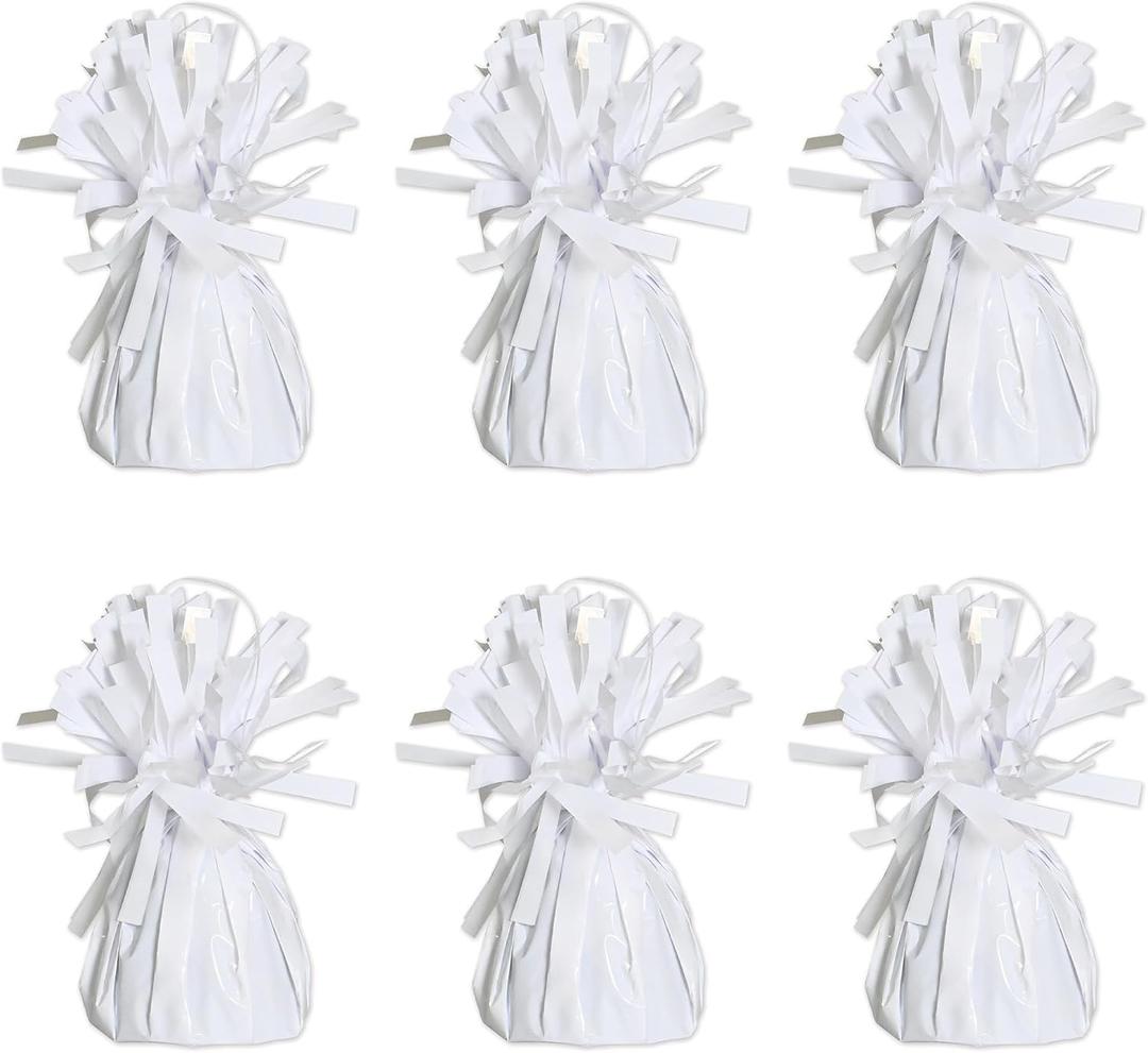 Beistle White Metallic Plastic Wrapped Balloon Weights For Birthday Parties, Weddings, Anniversaries, Table Décor, Celebrating With You Since 1900, 5.5" x 2.5", 6 Piece