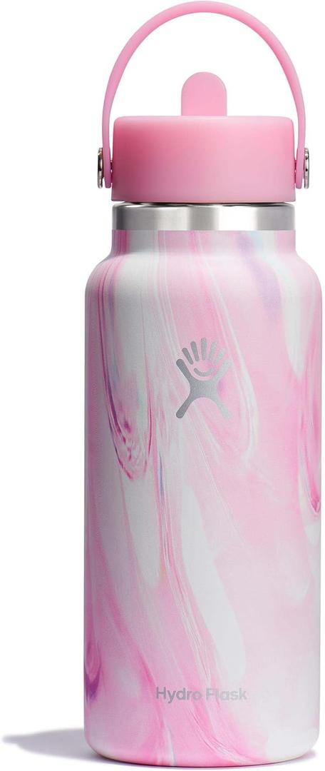 Hydro Flask Water Bottle - Insulated Stainless Steel - Wide Mouth Flex Straw Lid, Non Spill, Leakproof and Refillable in 32 Oz Jelly Pink