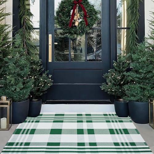 Amazon.com: Christmas Door Mat Outdoor 27.5 x 43 Green and White Plaid Rug Christmas Decor Rug Cotton Hand-Woven Layered Door Mats Washable Carpet for Front Porch, Kitchen, Farmhouse, Entryway : Home & Kitchen