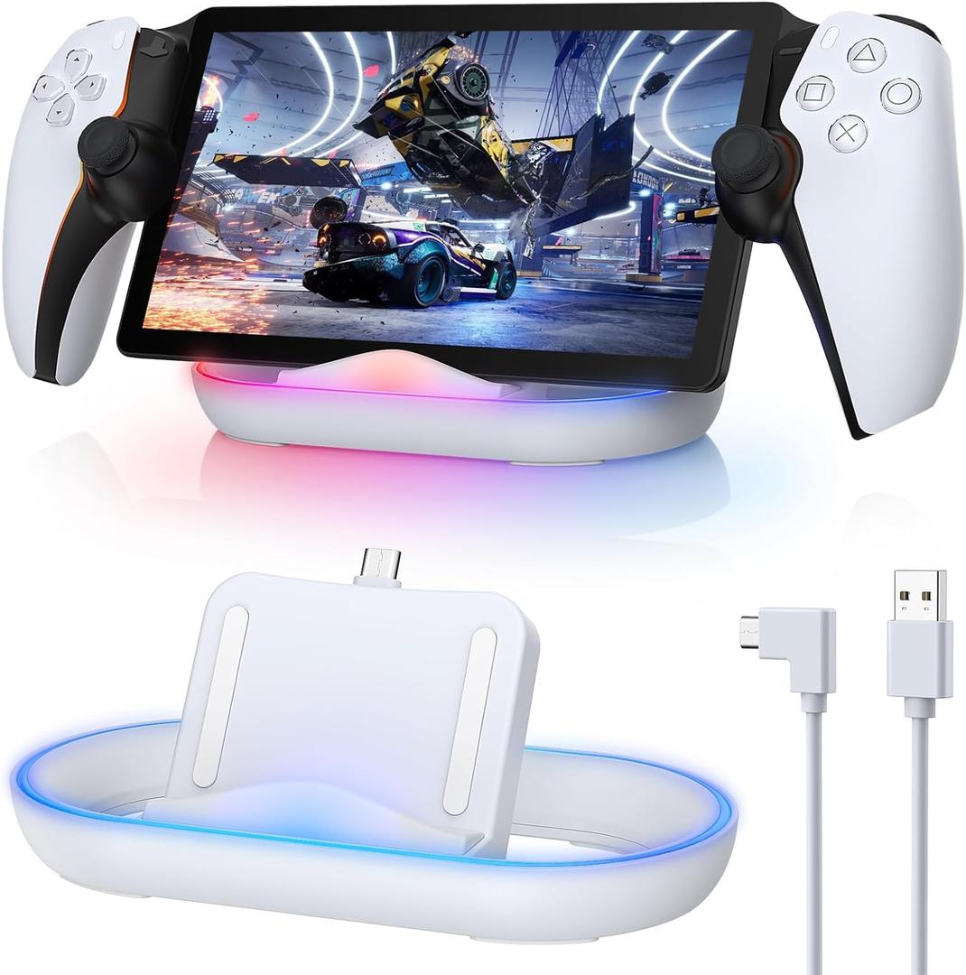FASTSNAIL Charging Stand for PS Portal Remote Player, Portable Charge Dock Station with 14 RGB Light Modes and Type-C Cable, Charge Base Holder Accessories for PlayStation 5 Portal Console (White)