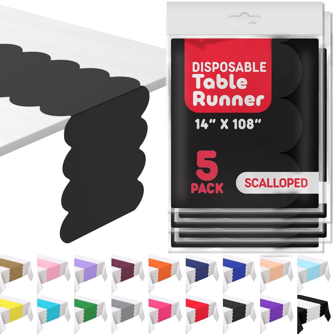 Black Disposable Plastic Table Runner. 5 Pack 14 x 108 inch. Scallop Table Runner Adds A Pop of Color to Your Party Table, by Swanoo