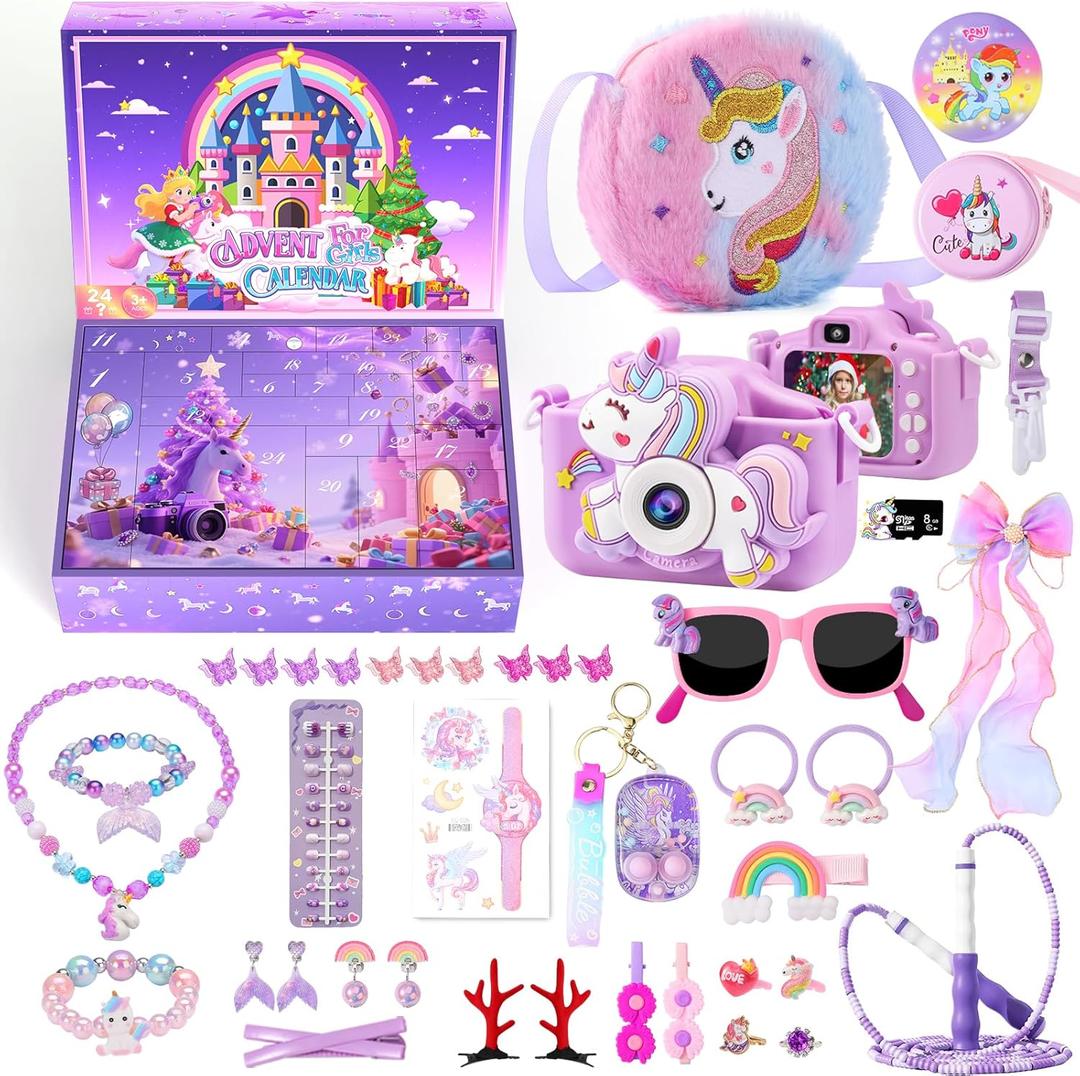 Advent Calendar for Girls 2025, Christmas Advent Calendar, 24 Days Unicorn Countdown Calendar Unique, Christmas Gifts for Girls with Kids Camera, Necklace, Bracelets, Jump Rope, Hair Clips, Glasses, Rings, Bag