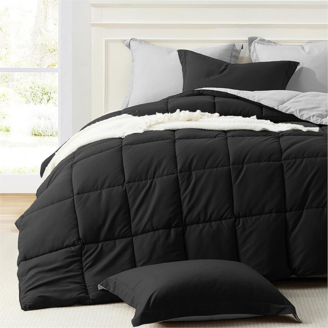 Homelike Moment Oversized Queen Comforter Set Black, Lightweight Reversible Down Alternative Bed Comforter Set Oversize Queen, Soft All Season Comforters 3 Piece Sets Black/Light Grey