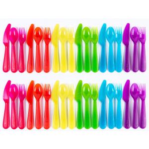 Kids Plastic Dinnerware Set of 36 Multi Color Flatware (Spoons, Forks and Knives) - Reusable, BPA-Free, Dishwasher Safe and Microwaveable (36 Pieces, Purple, Pink, Orange, Yellow, Green, Blue)