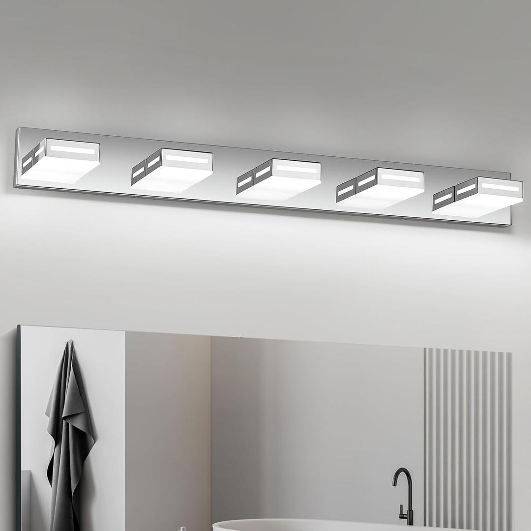 40-Inch 5-Light LED Modern Chrome Bathroom Vanity Light Fixtures Over Mirror, Bathroom Lighting Fixtures with Cool White 6000K, Rotatable Vanity Wall Lights for Bath Restroom Powder Room