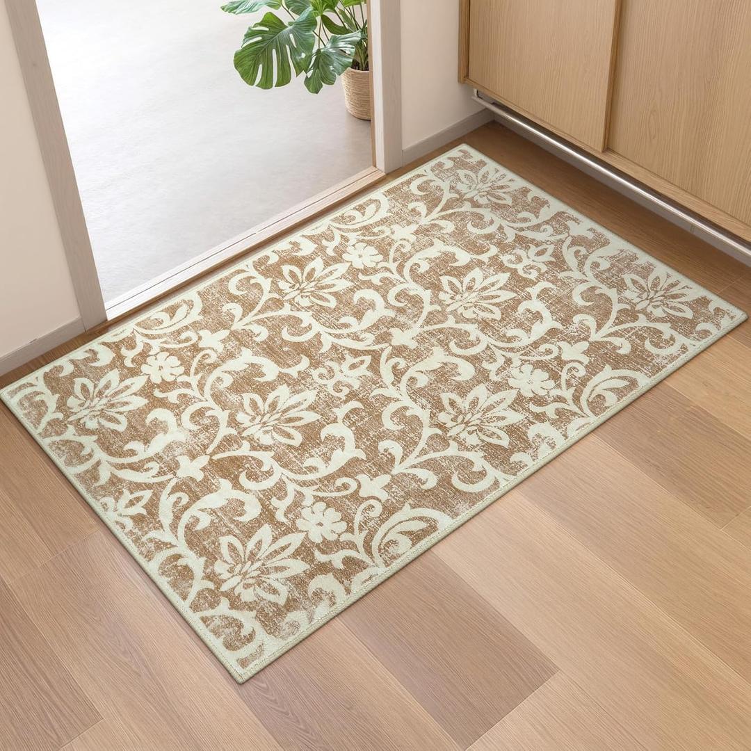 Morebes Washable 2x3 Rug for Kitchen, Non Slip Indoor Door Mats Farmhouse Bathroom Rugs, Vintage Floral Soft Low PileUltra-Thin Carpet for Bedroom Entryway Laundry, Khaki