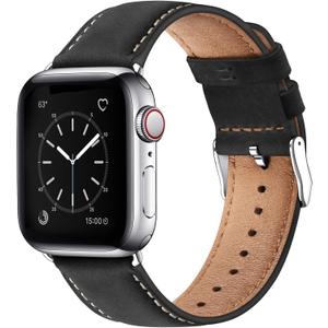 SUNFWR Leather Bands Compatible with Apple Watch Band 42mm(Series 3 2 1) 44mm 45mm 46mm 49mm for Men Women, Top Grain Genuine Leather Replacement Strap for iWatch Ultra 3 2 1, SE3 2 1, Series 11 10 9 8 7 6 5 4 3 2 1 (Black/Silver)