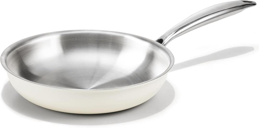 KITEXPERT 8" Tri-Ply Stainless Steel Frying Pan  PFOA-Free, Beige Ceramic Exterior, Stainless Steel Handle, Dishwasher & Oven Safe, Compatible with All Stovetops