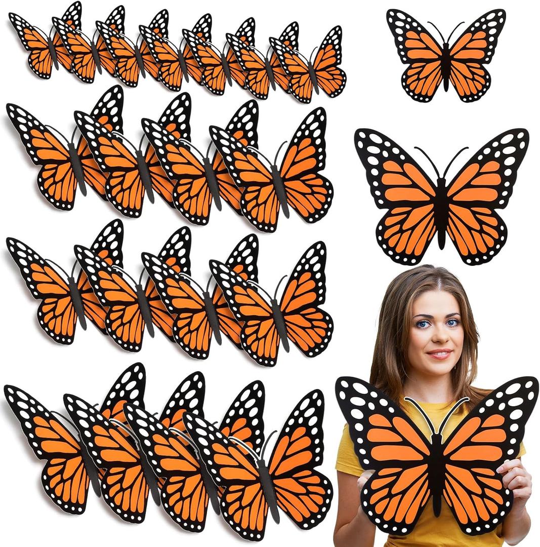 20 Pcs Large Monarch Butterfly Decorations 11.8 Inch 3D Orange Artificial Monarch Butterfly Wall Decor to Decorate for Day of The Dead Dia De Los Muertos Halloween Party Wedding Home
