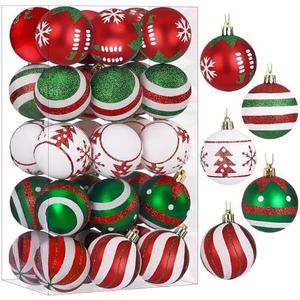 SHareconn 30ct 2.36 Inch Christmas Tree Colored Balls Ornaments, Shatterproof Plastic Decorative Xmas Baubles Decorations for Tree Holiday Decor(Red and Green White, 60mm)