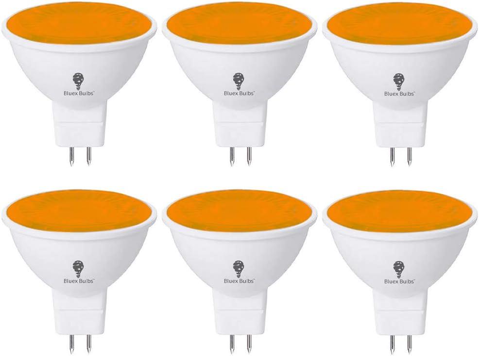 BlueX 6 Pack LED MR16 Orange Bulb - 4W (40Watt Equivalent) - GU5.3 Bi-Pin Base 12V, Party Decoration, Porch, Home, Holiday Lighting, Decorative Illumination