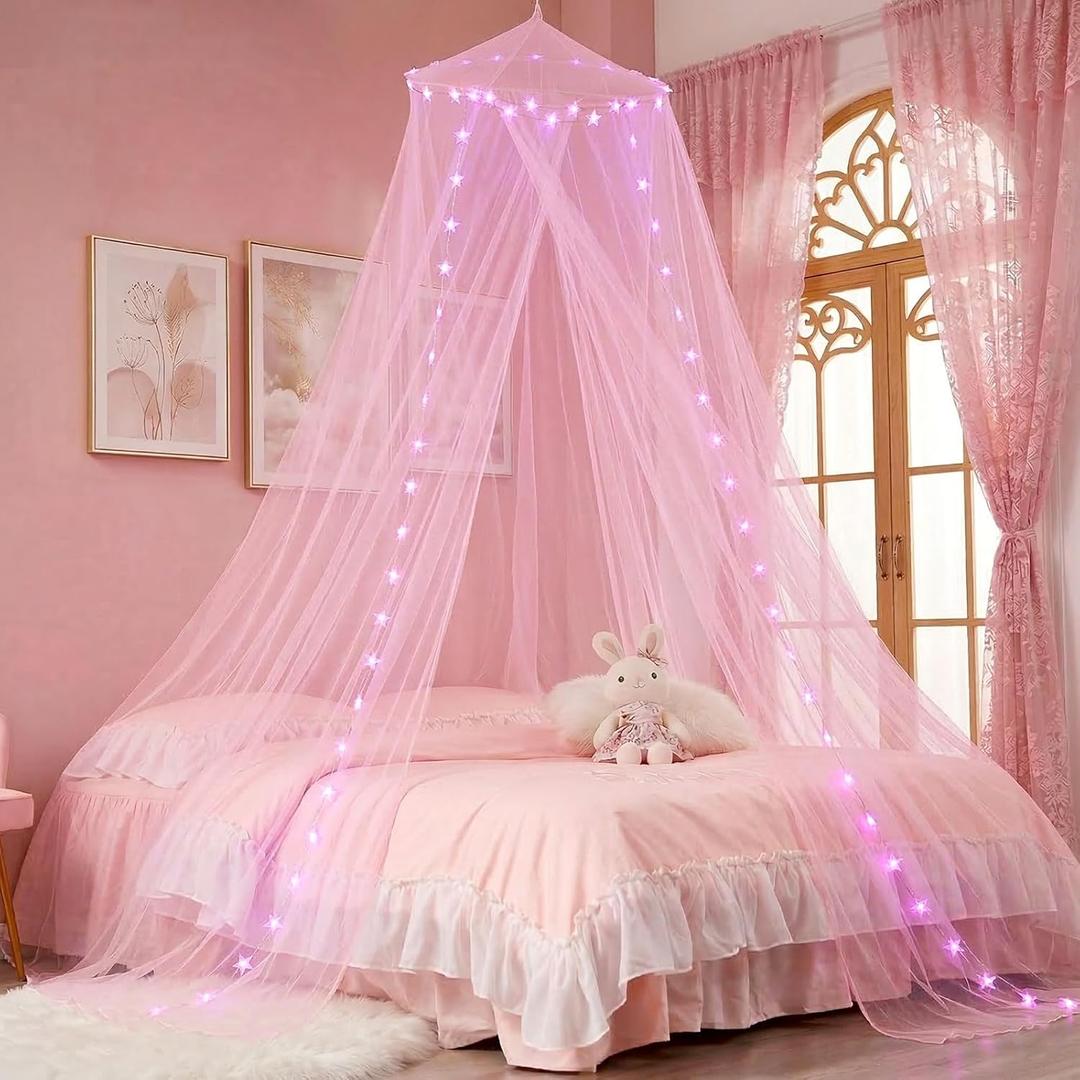 Pink Bed Canopy with Star Lights for Girls Bedroom, Dome Princess Canopy Bed Curtains with Pink Lights 8 Modes USB Powered, Bed Netting Kids Tent Twin Full Queen King Size Bed