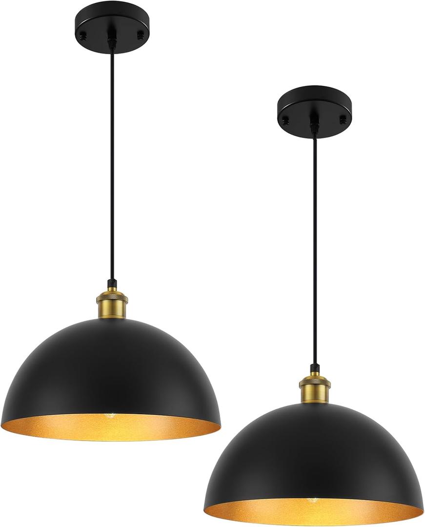 Pendant Lights for Kitchen Island, 11.8" Black and Gold Farmhouse Pendant Light, Dome Pendant Light Fixtures for Dining Room, Living Room, Bedroom, Cafe, Bar, 2 Pack