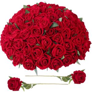Bulk Artificial Flowers 90 PCS, Fake Velvet Silk Red Roses with Long Stems Realistic Bouquet for Wedding Centerpieces, Faux Arrangement for Home Table Decor