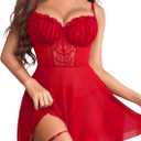 Avidlove Lingerie for Women Lace Babydoll V Neck Teddy Lingerie Sexy Sleepwear Nightdress Strap Mesh Chemise (XX-Large, Red)