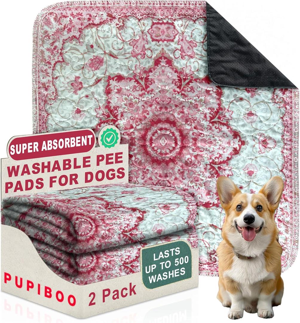 PUPIBOO Washable Pee Pads for Dogs and Cats - Super Absorbent Reusable Puppy Training Pads - 100% Waterproof, Leak-Proof & Non-Slip Whelping Pads for Pet Housebreaking (36 x 36 Inch (Pack of 2), Pink Medallion)
