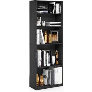 Furinno JAYA Book shelf, 5-Tier Bookshelf, Bookcase with Adjustable Shelves, 9.5" x 24.5" x 71.2", for Living Room, Bedroom, Home Office, Blackwood