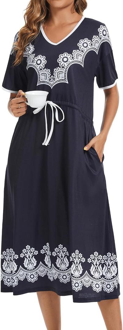 Lerliacr Women's Printed Nightgown, V-Neck Short Sleeve Midi Sleep Dress with Pockets, Loose Fit Comfortable Loungewear (Black, XXL)