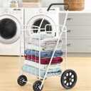 Whitmor Deluxe Utility Foldable Shopping Cart with Wheels, 100 Lb Capacity, Heavy Duty Grocery Cart with Steel Frame, Foam Handle, Rolling Folding Utility Trolley for Grocery, Laundry, Travel, White