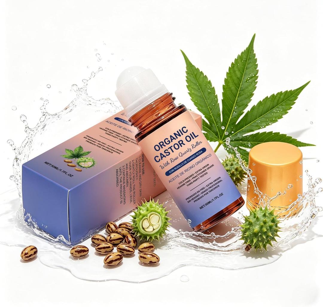 Organic Cold Pressed Castor Oil, Rose Quartz Roller Ball Bottle for Skin, Lashes & Eyebrows