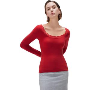 SUUKSESS Cloud Cashmere Women Lace Scoop Neck Tops Basic Long Sleeve Knit Shirts (Red, M)