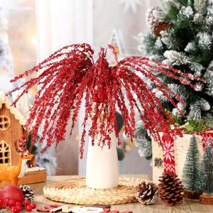 6 Pcs Red Glitter Christmas Picks and Sprays 23.62" Artificial Sequins Twigs Stems Ornaments Decorative Willow Ting Branches for Xmas Tree DIY Wreath Crafts Tree Topper Vase Filler Decor