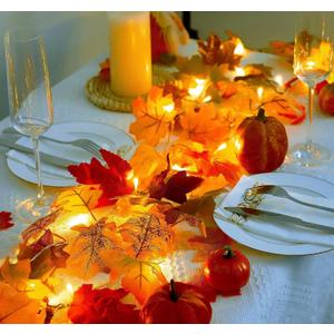 Ouddy Decor 2 Pack Fall Garland with Lights Decorations Maple Leaves Fall Lights Total 20 Ft 60 Led Mixed Color Battery Operated for Indoor Outdoor Autumn Harvest Thanksgiving Halloween Fall Decor