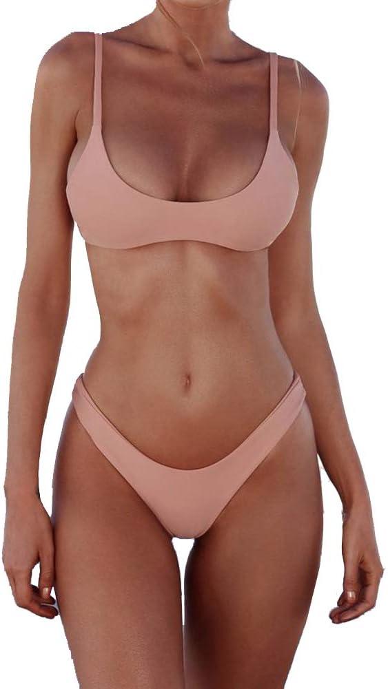 SherryDC Women's Solid Scoop Neck Push Up Padded Brazilian Thong Bikini Swimsuit Bathing Suit (X-Large, Pink)