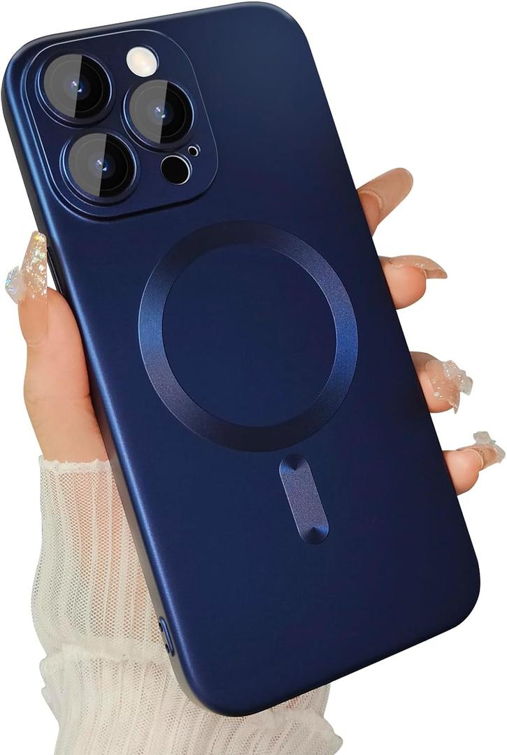 Magnetic case for iPhone 14 Pro Max Phone Case for Women, Matte Luxury Soft Metallic Luster Design with Camera Lens Protector, Compatible for Magsafe Case for iPhone 14 Pro Max 6.7"-Dark Blue