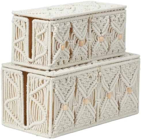 VinneGenzz 2PCS Cable Management Boxes Handmade Macrame Cord Storage Organizer Power Strips Outlet Router TV Wire Hider Cover Under Desk Natural Cotton Rope Woven Box with Lid (1 Large 1 Medium)